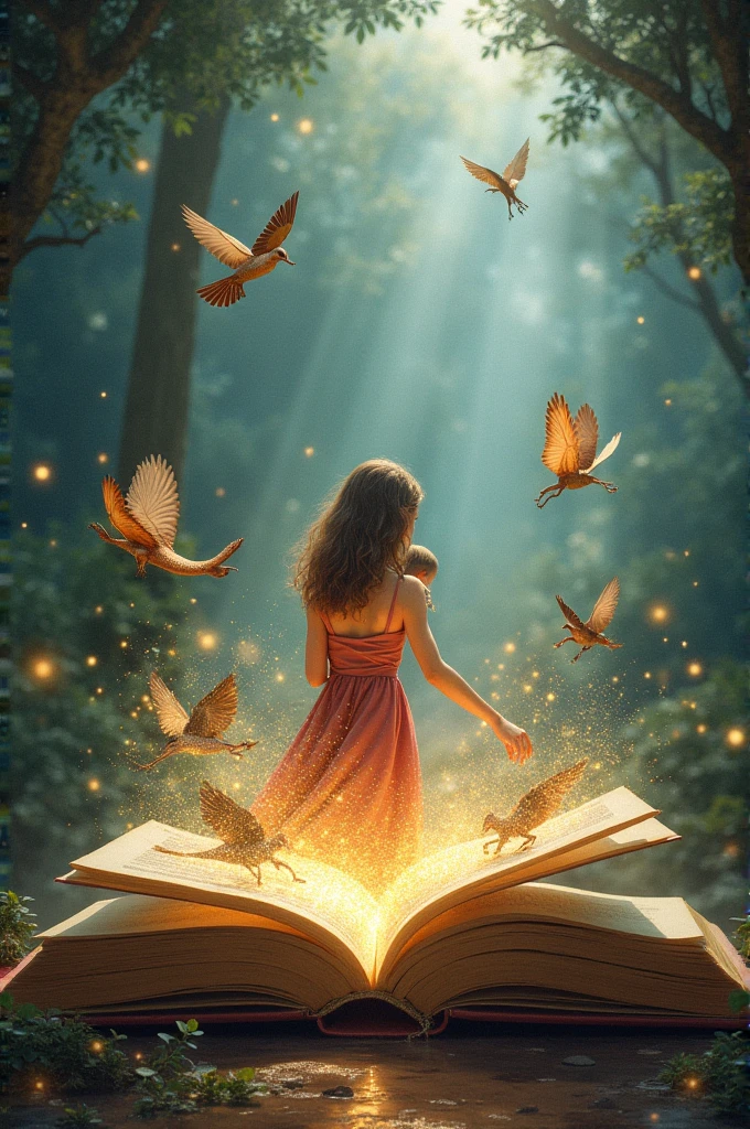 Create me an open book from which images of fairy tales and fantasy emerge and behind the book there is a mother with her 