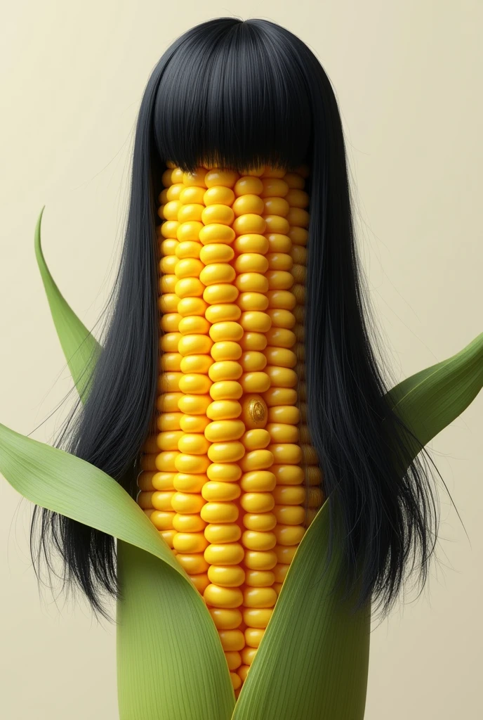 Puts a black female hair fringe on a corn cob