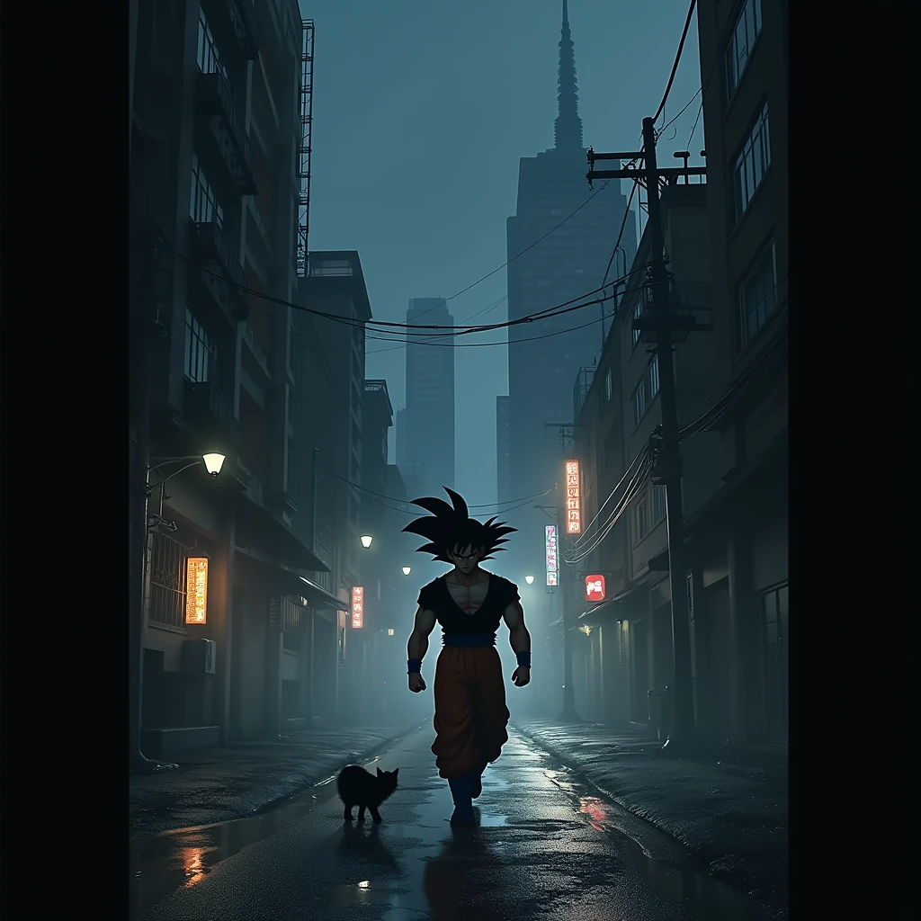 Draw Goku walking at night through the dark city