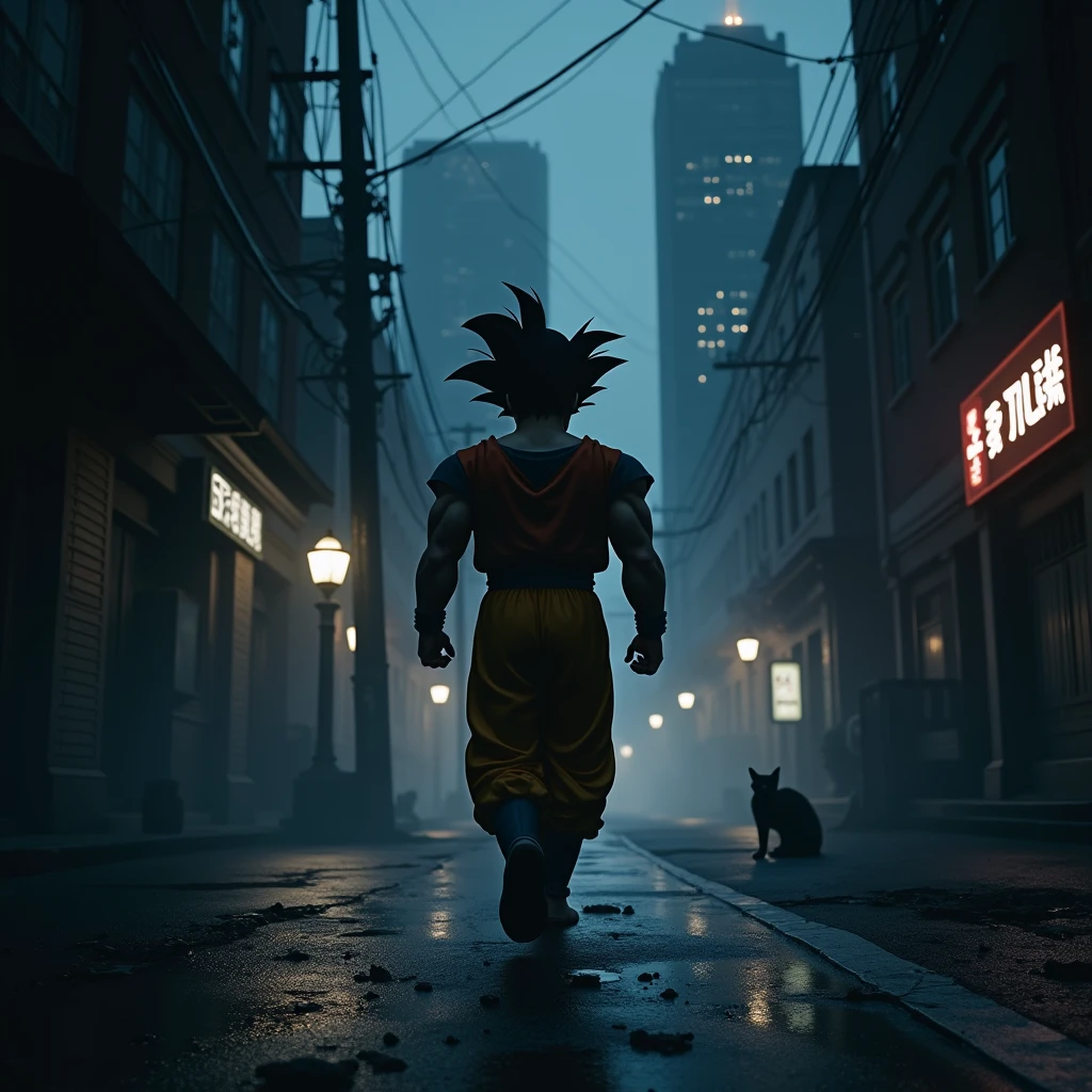 Draw Goku walking at night through the dark city