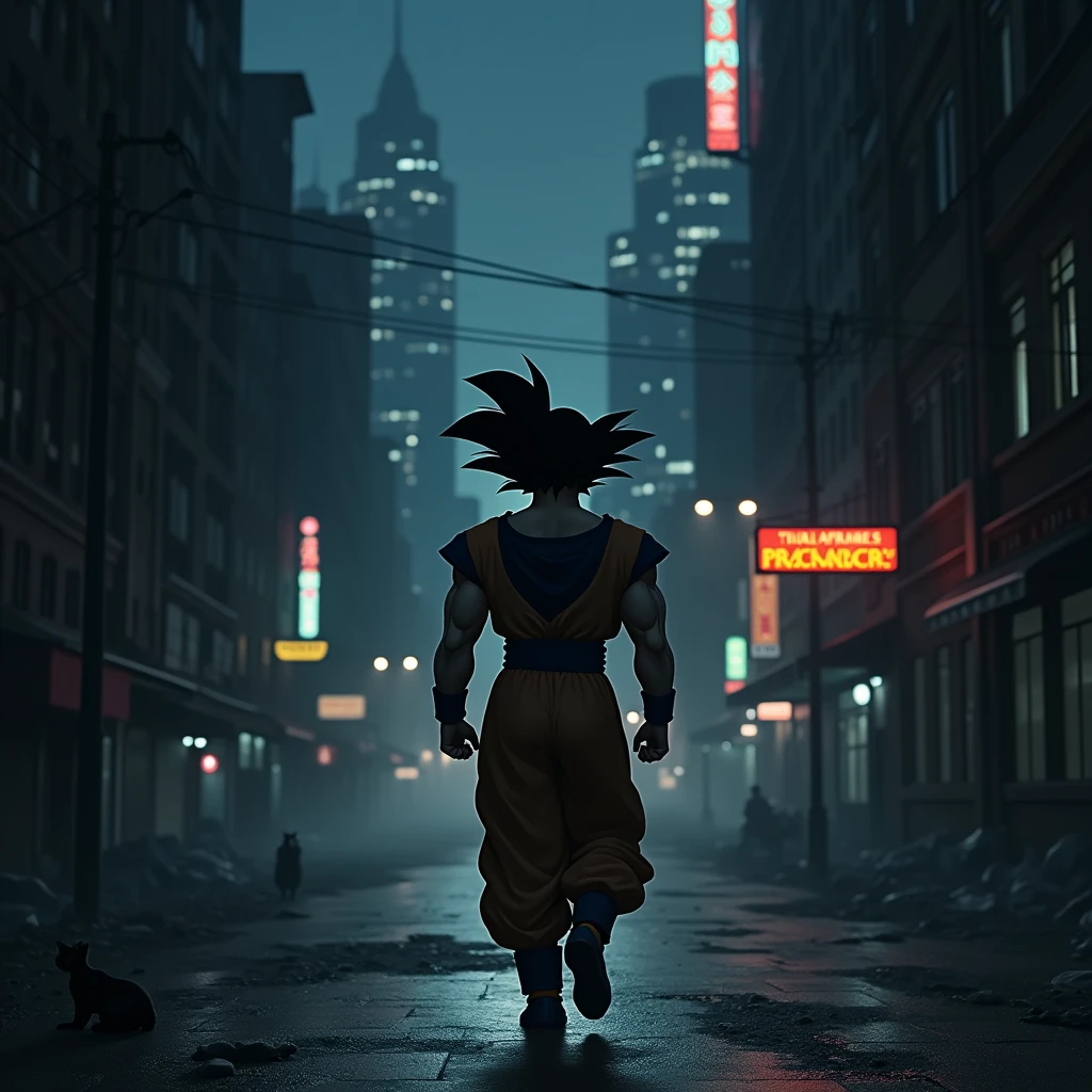 Draw Goku walking at night through the dark city 