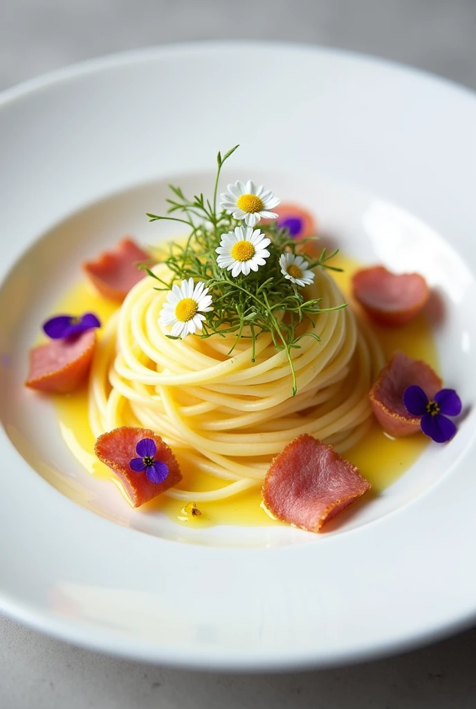 White plate on which is arranged the light yellow Sicilian lemon risoni with chopped crispy Parma on the sides and edible flowers and sprouts on the top surface decorating the flowers will be white daisies a purple flower and sprouts of tiny and delicate microgreens