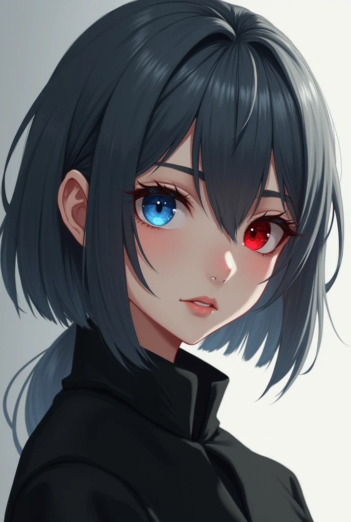 Girl with dark grey hair, left eye blue and right eye red. He is 18 years and is supposed to appear calm but firm