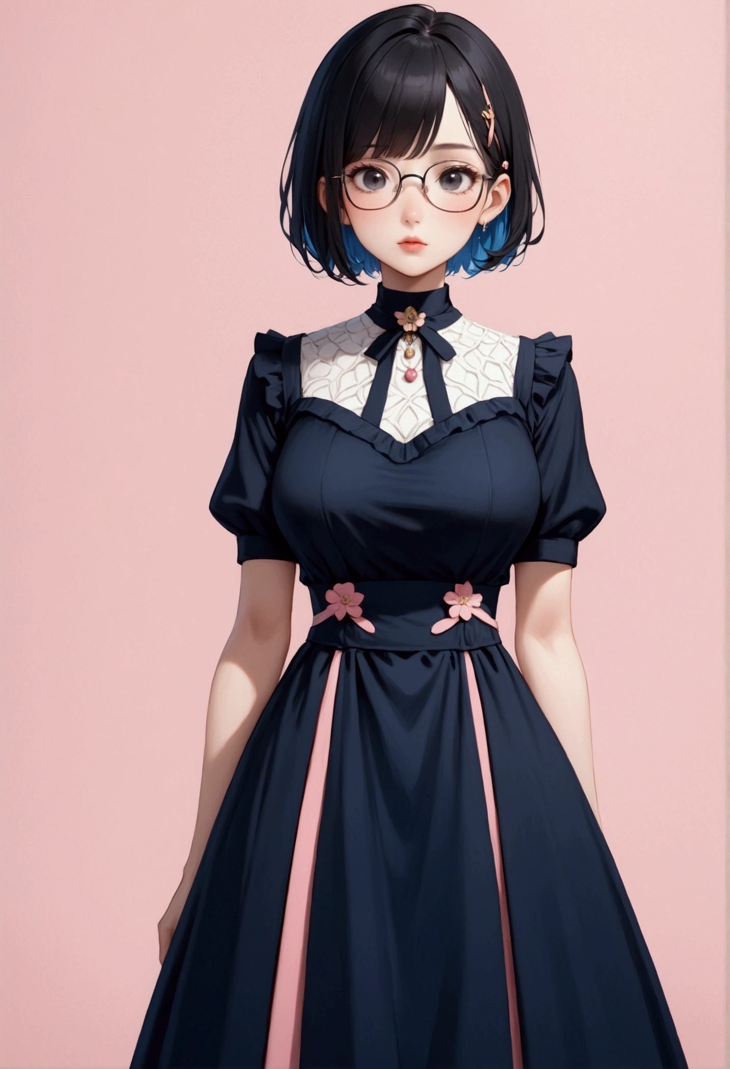 a female character with black hair, short hair, black eyes, glasses,design outfit, related to blue and pink, wearing a dress,have penguin

