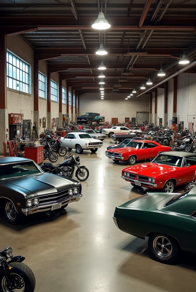 Large and spacious motorcycle and car workshop layout, on the first floor offices Ford Impala 1967 matte black | dodge charger rt 1970 blanco | pontiac gto 1970 dark green | plymouth barracuda 1969 red | lincon continental negro
scout bobber Indian | harley davidson low riders  royal enfield alter ego | triumph bonneville bobber