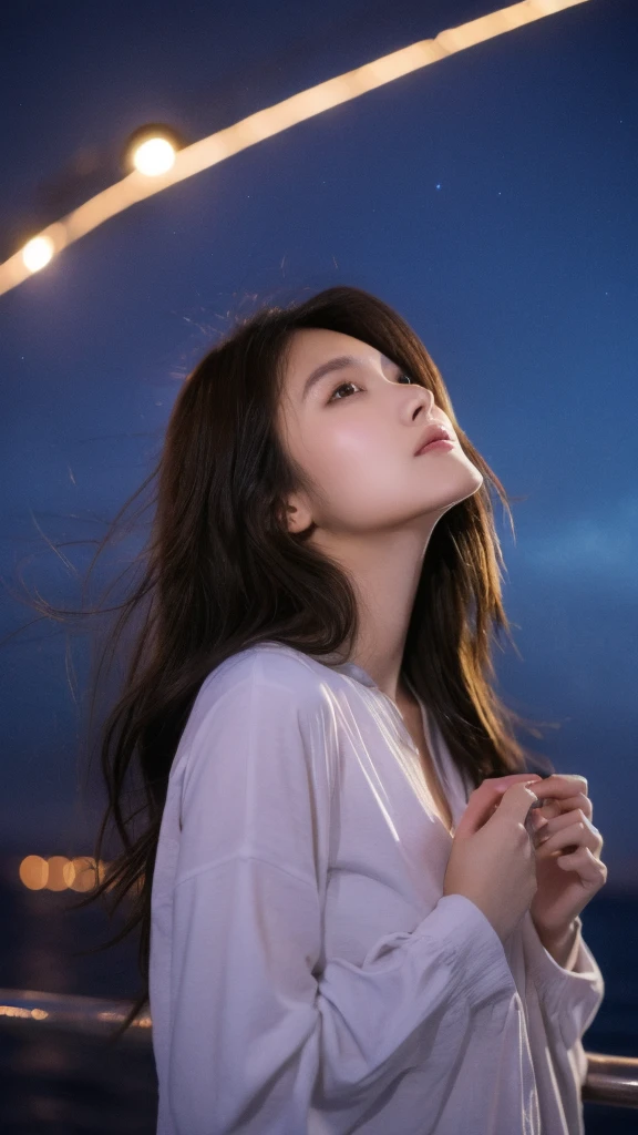 (best quality,4k,8k,highres,masterpiece:1.2),ultra-detailed,(realistic,photorealistic,photo-realistic:1.37), profesional photograph, natural light, close up portraits, a japanese girl, wearing (oversized shirt:1.3), bottomless, vintage look, soft glow, elegant beauty, detailed blue grey eyes, elegant pose, delicate skin texture, flowing hair, innocent expression,  proportional posture, naturally sagging breast, feel tired waiting for someone, subtle shadows, wonderful sky and clouds background, shallow depth of field, high contrast, dark and bright, fine art photography, low angle, (seen from below:1.0), photon mapping, sadness atmosphere