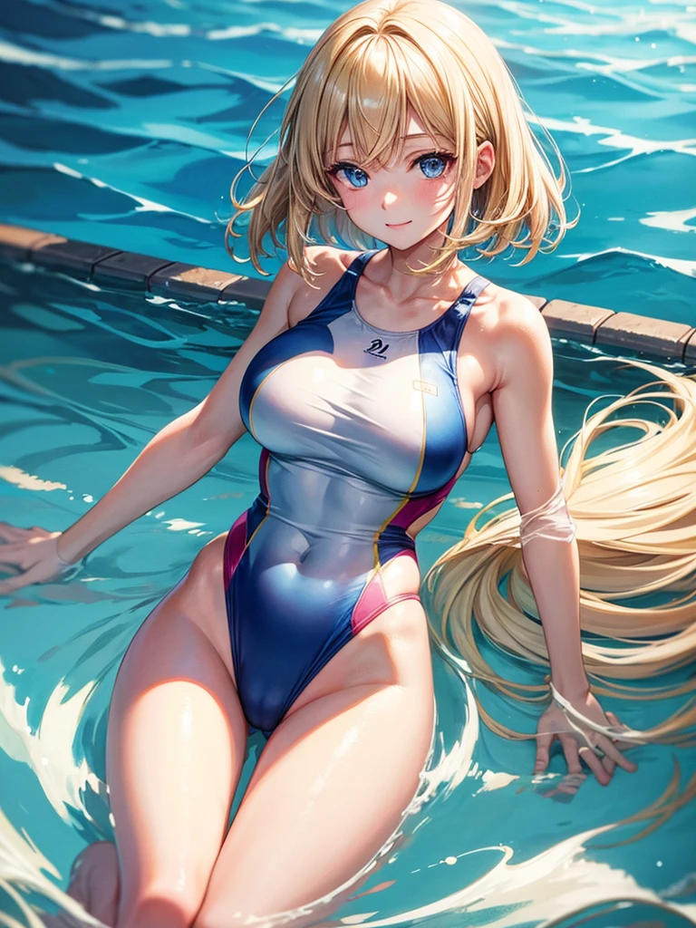 Anime style, super fine illustration, super clear illustration, highly detailed, beautiful detailed, super pale tone image, super delicate illustration, super calm & static image, static representation, gentle expression, 8k, pretty 1girl with blonde straight short hair & blue eyes & a bright smile & Big breasts & nipples & soft fair skin is wearing the competitive swimsuit in the swimming pool, happy stories, solo, perfect fingers, no more fingers, no less fingers, perfect arms, no more arms, no less arms, perfect legs, no more legs, no less legs, masterpiece,