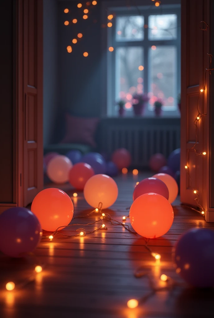 dark room decorated by ballons on the floor with fairy lights on the floor with balloon room should be full of balloon on the floor