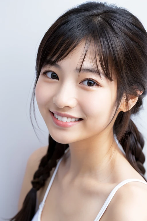 A slender Japanese woman looking at the camera、Cute Face、smile、White wall background、High resolution、High resolution画像
