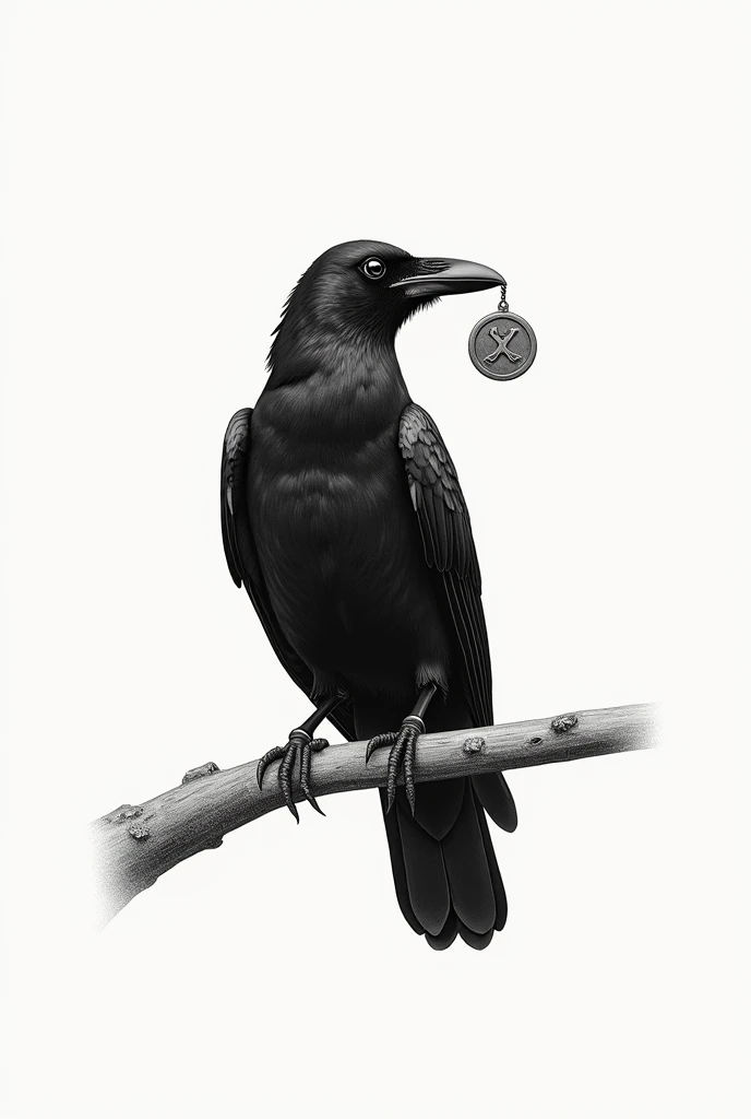 crow, sitting on a branch and holding a medallion with a kolovrat in its beak , draw with pencil in scandinavian style , very pencil and not so detailed 