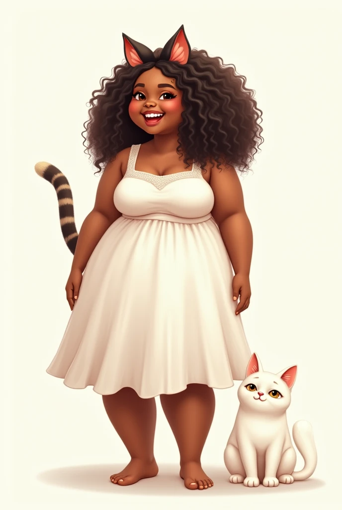 Black woman, cat ears, chubby body, curly hair, cat tail, white cat, smiling, white dress 