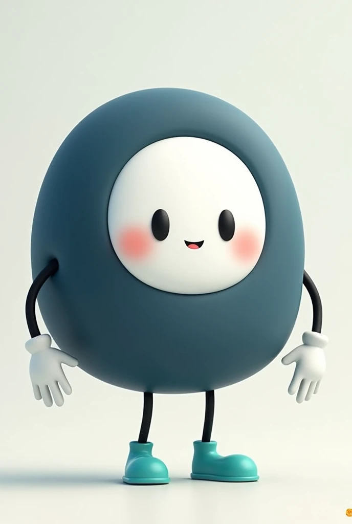 "Create a character, in cartoon style, with the following characteristics: a predominantly dark blue circular body. The character has a white face centered in the circle, with large, round, expressive eyes that convey a desire to help others not commit suicide. The character has a neutral expression. He has thin black arms with white gloves and black legs wearing light turquoise shoes.. The character must be in a help position, with hands outstretched as if to reach out to someone as a sign of help and support. The general climate should be neutral and supportive., as if the character was ready to help in any situation."
