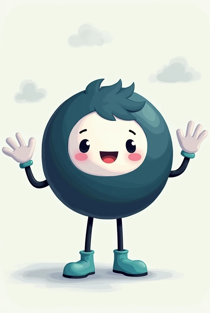 "Create a character, in cartoon style, with the following characteristics: a predominantly dark blue circular body. The character has a white face centered in the circle, with large, round, expressive eyes that convey a desire to help others not commit suicide. The character has a neutral expression. He has thin black arms with white gloves and black legs wearing light turquoise shoes.. The character must be in a help position, with hands outstretched as if to reach out to someone as a sign of help and support. The general climate should be neutral and supportive., as if the character was ready to help in any situation."