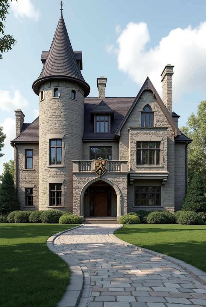 (photorealism:1.2), Wayne Manor style intricate house but affordable to Todays market. Include a family crest. Not pointy with two isolated rectangular symmetrical towers. Smooth stone color. More castle like.