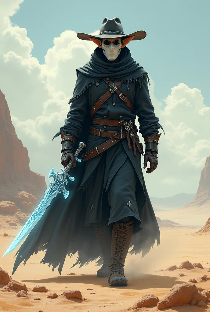 Hunter in a desert, with a long sword made of ice. He wears a white cloth mask and white dragon details on his outfit. (sobretudo escuro), besides a cowboy hat (not very wide). He has long, pointy ears.