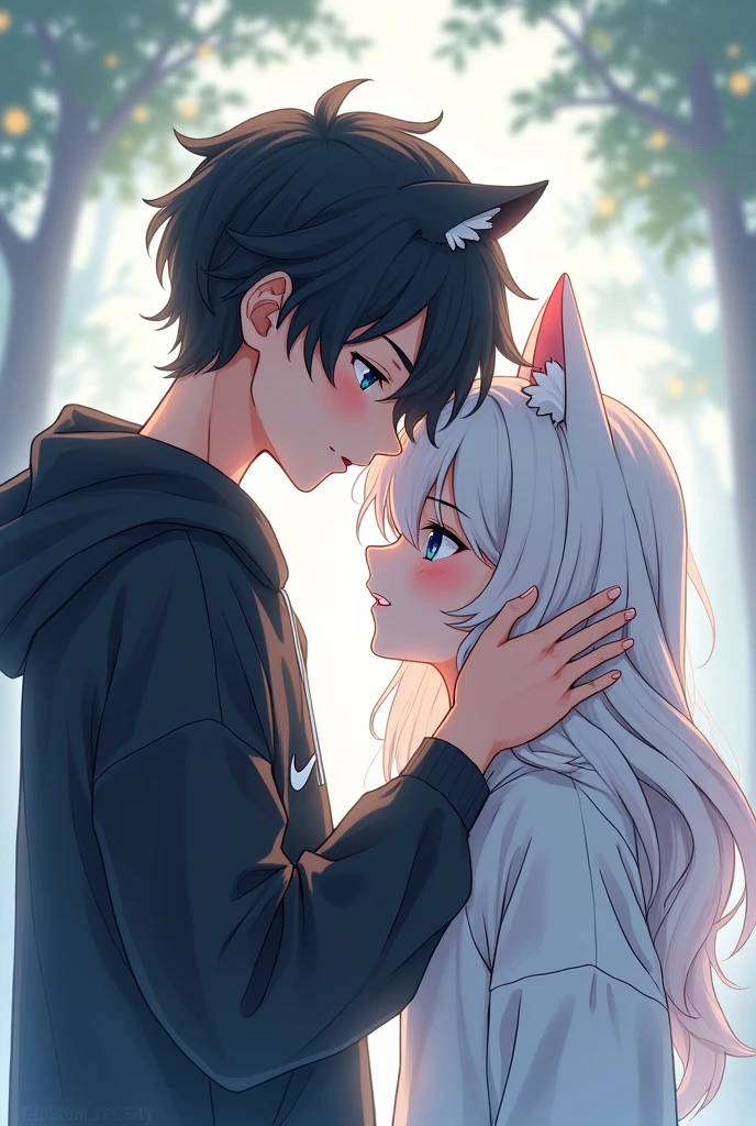 Anime boy with black hair and blue eyes wearing Nike clothes petting the head of another anime girl with white hair and cat ears 