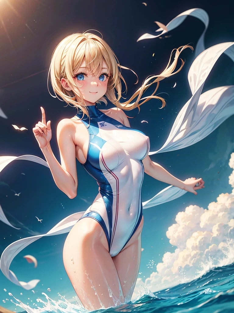 Anime style, super fine illustration, super clear illustration, highly detailed, beautiful detailed, super pale tone image, super delicate illustration, super calm & static image, static representation, gentle expression, 8k, pretty 1girl with blonde straight short hair & blue eyes & a bright smile & Big breasts & nipples & soft fair skin is wearing the competitive swimsuit in the swimming pool, happy stories, solo, perfect fingers, no more fingers, no less fingers, perfect arms, no more arms, no less arms, perfect legs, no more legs, no less legs, masterpiece,