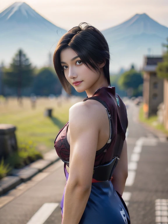 20 year old Japanese beauty，One woman、Muscular body like a bodybuilder、Emphasize the breasts、Slit eyes、A head-to-toe view，Bust is very very large、Mount Fuji in the background、High quality photos、Clear, crisp images of the lower body、Masterpiece 8k、Smiling、Throwing a shuriken with the right hand、From the front, from the side, from the back, etc.々from what camera angle to shoot、Light blue ninja costume