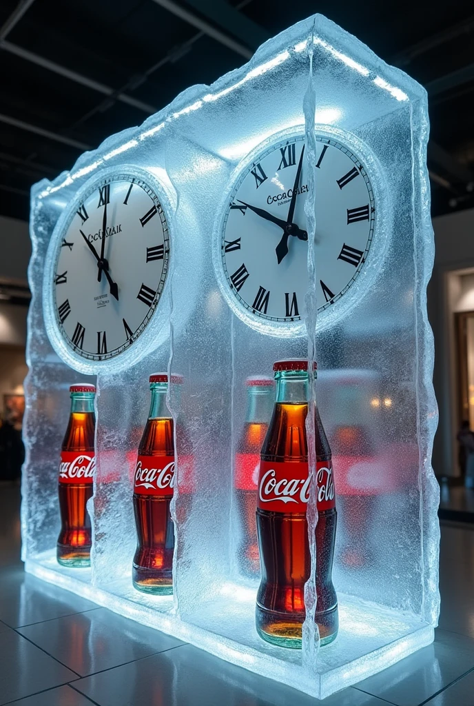 frozen mannequin holding coca cola in a display window with a clock behind 