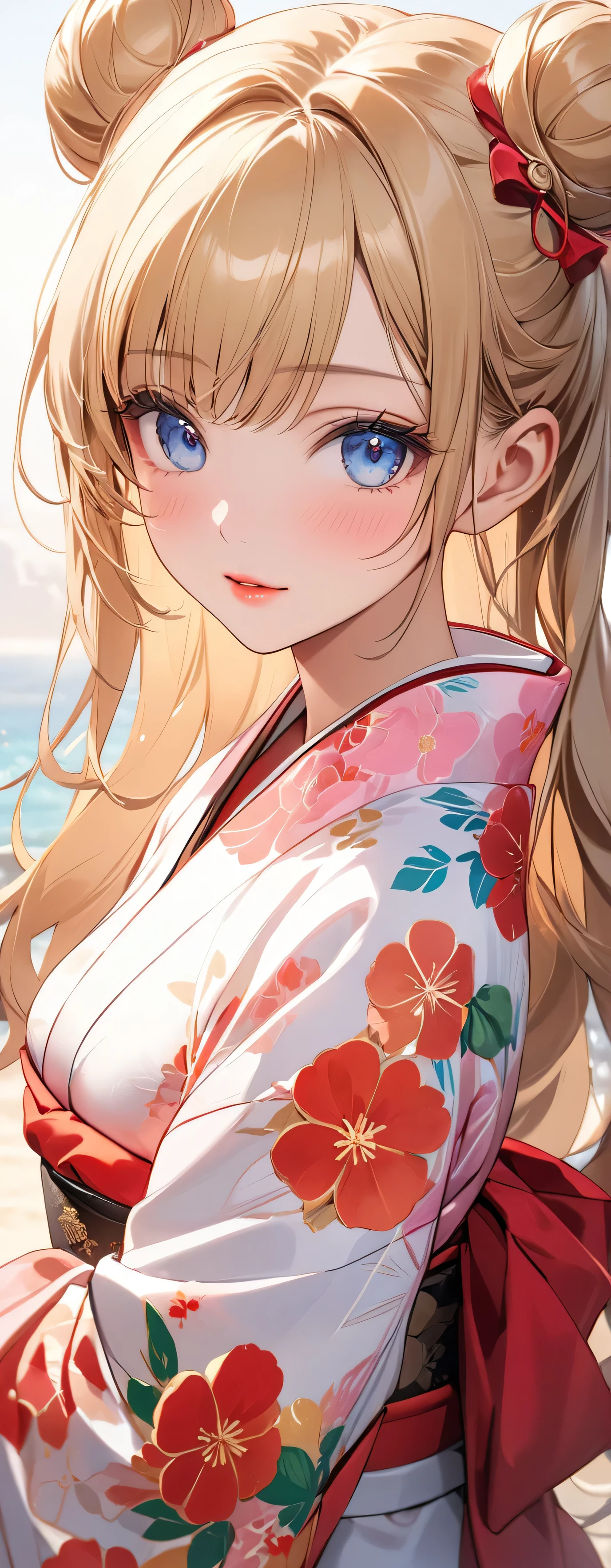 (beautiful girl: 1.3),1girl,masterpiece, Highest quality, Ultra-high resolution,Rich contrast,super high quality,8k,Highly detailed CG unit wallpaper,texture,Unbelievably absurd,Ultra-high resolution,RAW Photos,Depth of Field 1.2,double buns,blonde,Light blue eyes,(Beautiful and detailed kimono),blush,White skin,blonde,Long Hair,Beautiful glossy lips,pinup