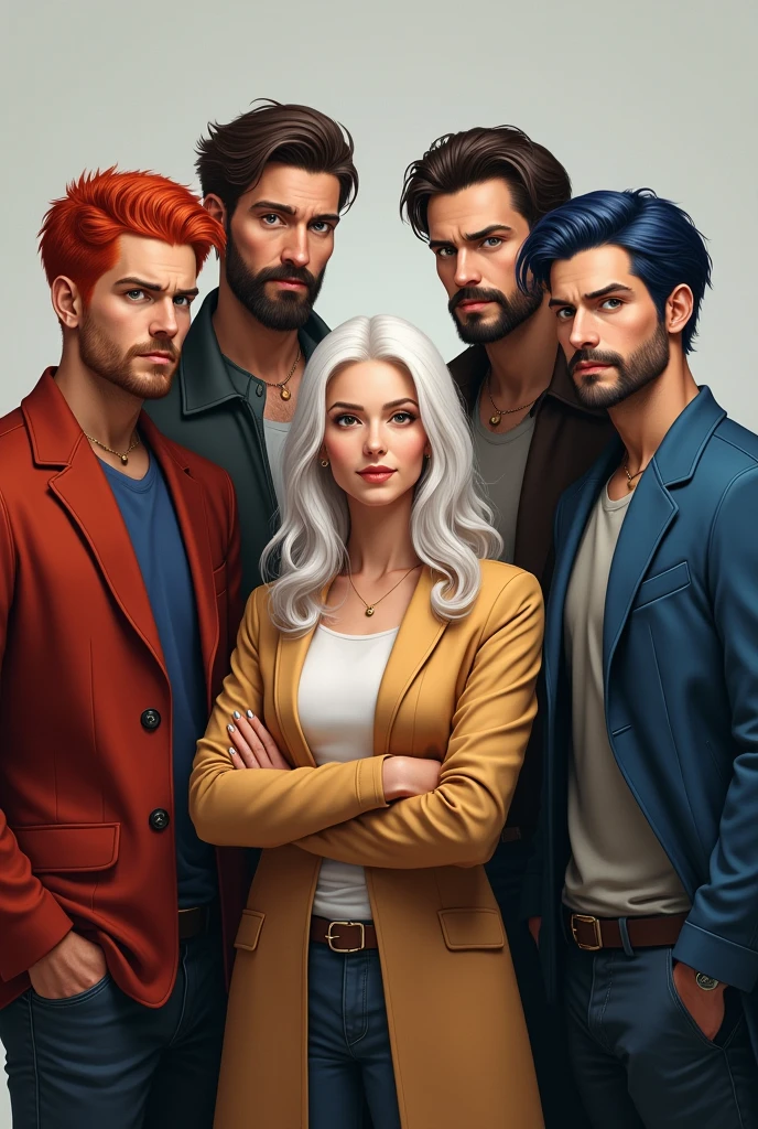 I need you to draw me four men and a woman in the middle. The men's hair is one red, one black, one brown and one dark blue and the woman's hair is white. The woman is in the middle, there would be five in total.