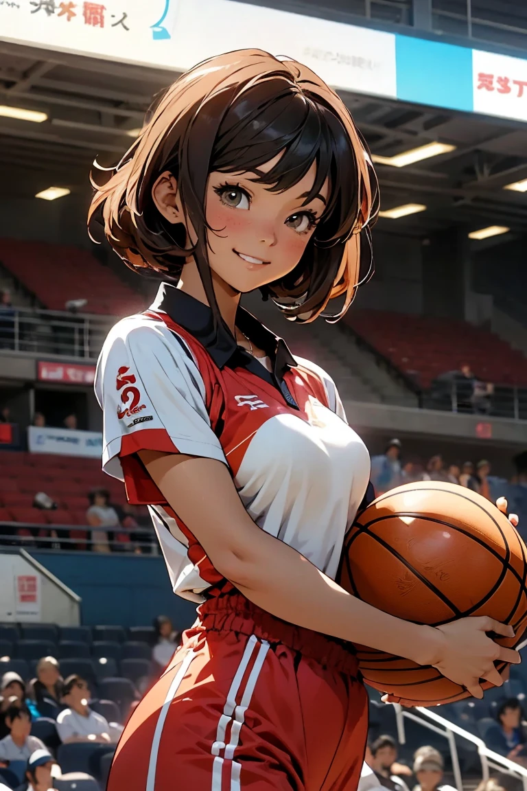 score_9, score_8_up, score_7_up, source_anime, rating_safe, 1girl, upper body, brown eyes, robe, shirt, large breasts, braid, gradient hair, black hair, smile, rin hoshizora, Limited to 1 female, (dynamic posing:1.2), /(basketball uniform/), mature woman, /(black hair/) bangs, light smile, (highest qualityのmasterpiece:1.2) Delicate illustrations super detailed, Big breasts BREAK /(Civic gymnasium/) indoor, audience,