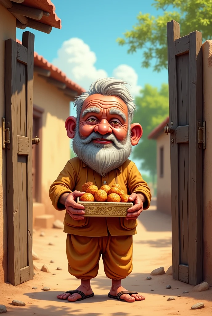 A cartoonist AI image of a blind man and on his hand laddu box with a background of his house gate 