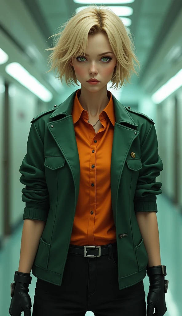 (best quality),female,solo,short hair,blond messy hair,green eyes,Closed jacket,frown,orange shirt,half sleeves, lapel jacket,dark_green jacket,open neck,collar jacket,black pants,finger_less gloves,Science fiction,futuristic indoors,ultra-detailed,sharp focus,aesthetic