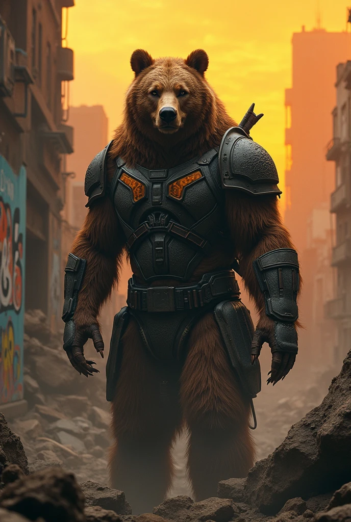 Mid-shot,whole body,Dark sci-fi style, A brown bear warrior, Wear high-tech armor that blends seamlessly with your scaly skin, Post-apocalyptic dystopian landscape,the ruined city,Crumbling skyscrapers,Rubble and ruins,GLOOMY AMBIANCE,Orange sky,Dramatic Lighting,Graffiti covered wall,Film composition,Ultra Detailed,Reality,8K,masterpiece