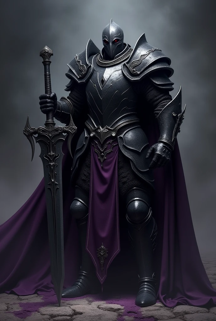 A tall, muscular knight, covered head to toe in pitch black and dark purple armor , a black, ominous aura around him. Standing with a gigantic two-handed sword across both his shoulders. Everything about him radiated an aura of power and authority. Just one look at him and one could tell that he was not someone to mess with. The black armor showed a hint of the scars of various battles and the greatsword had a dark and sinister presence. Make it extravagant