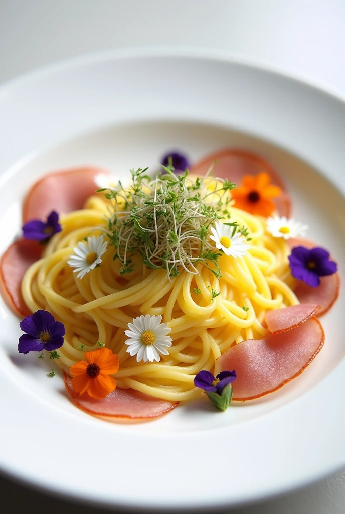 White plate on which is arranged the light yellow Sicilian lemon risoni with chopped crispy Parma on the sides and edible flowers and sprouts on the top surface decorating the flowers will be white daisies a purple flower and sprouts of tiny and delicate microgreens