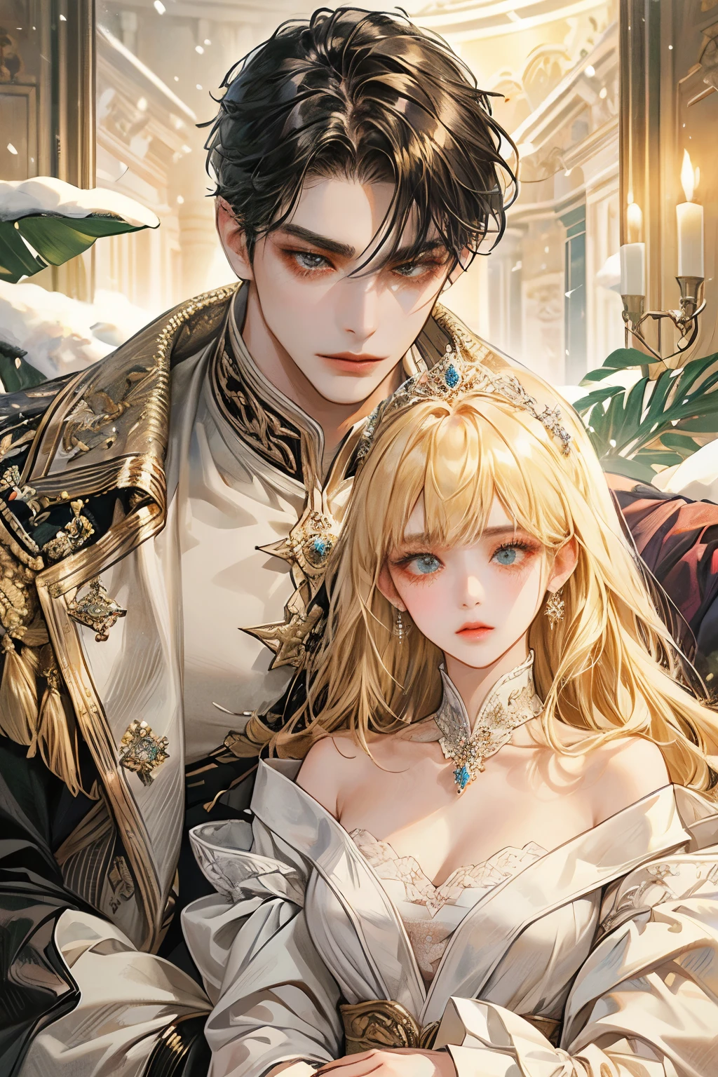 Masterpiece, high resolution, Anatomically correct, qualityที่ดีที่สุด, details, detailsสูง, โมเดลhigh resolution, quality, detailsมาก, high resolutionสุด, realistic textures, 1 man, 1 woman,loved one, loved oneชายหญิง, Look straight.., A man with black hair, black eyes, Fierce eyes, Broad shoulders, And courage., Blonde woman, golden eyes, And the stubborn gaze.,shut your mouth, Winter clothes, snow,Winter Palace, Antique dress, Retro dress, Duke, princess, She's a.