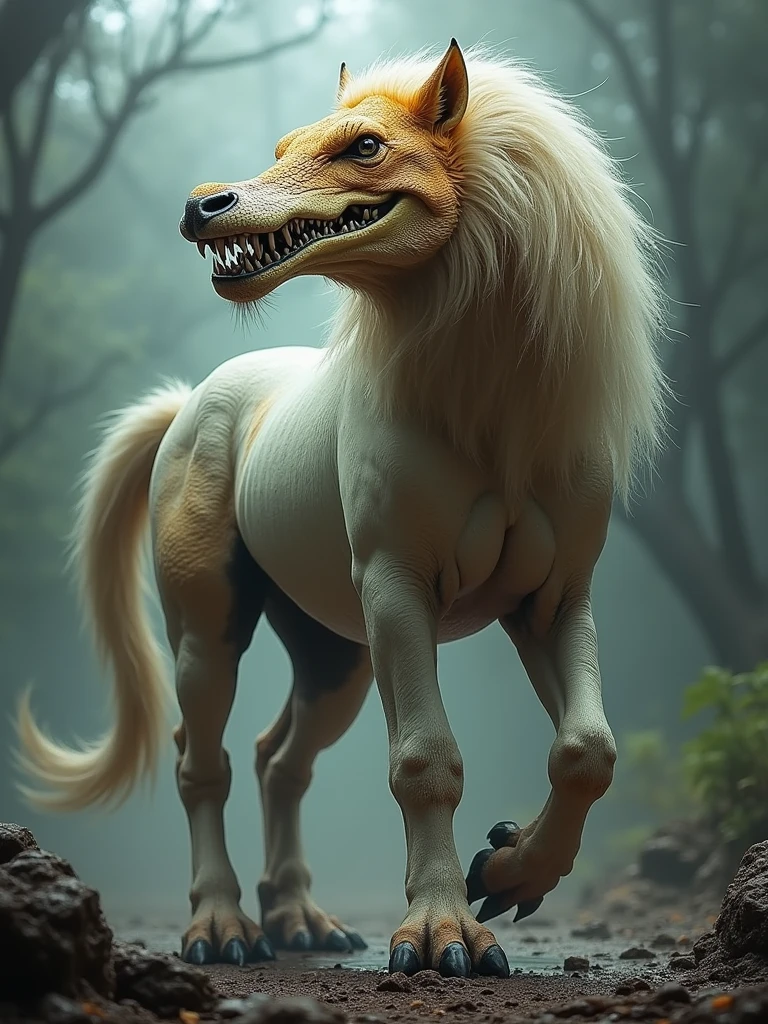 an animal with the body of a horse that has eyes and mouth of crocodile and the feet of lion with white and dark orange fur