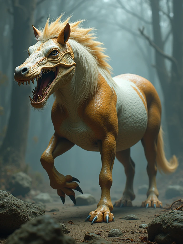 an animal with the body of a horse that has eyes and mouth of crocodile and the feet of lion with white and dark orange fur