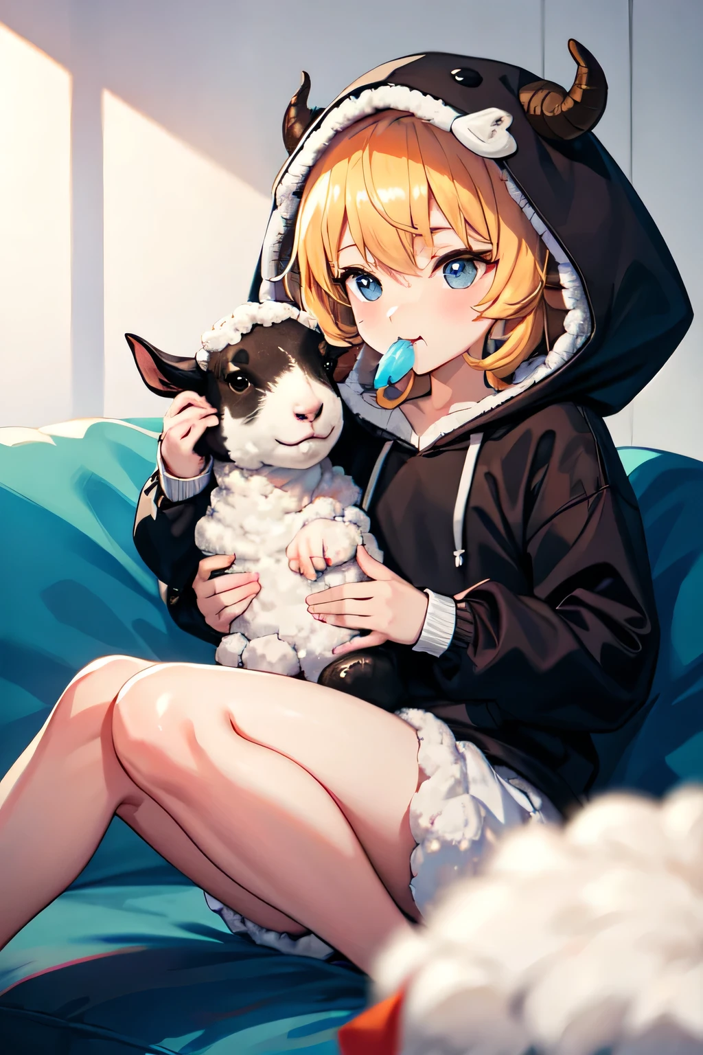 Sheep-like girl, child, hoodie, licking sheep's horn candy, black hair