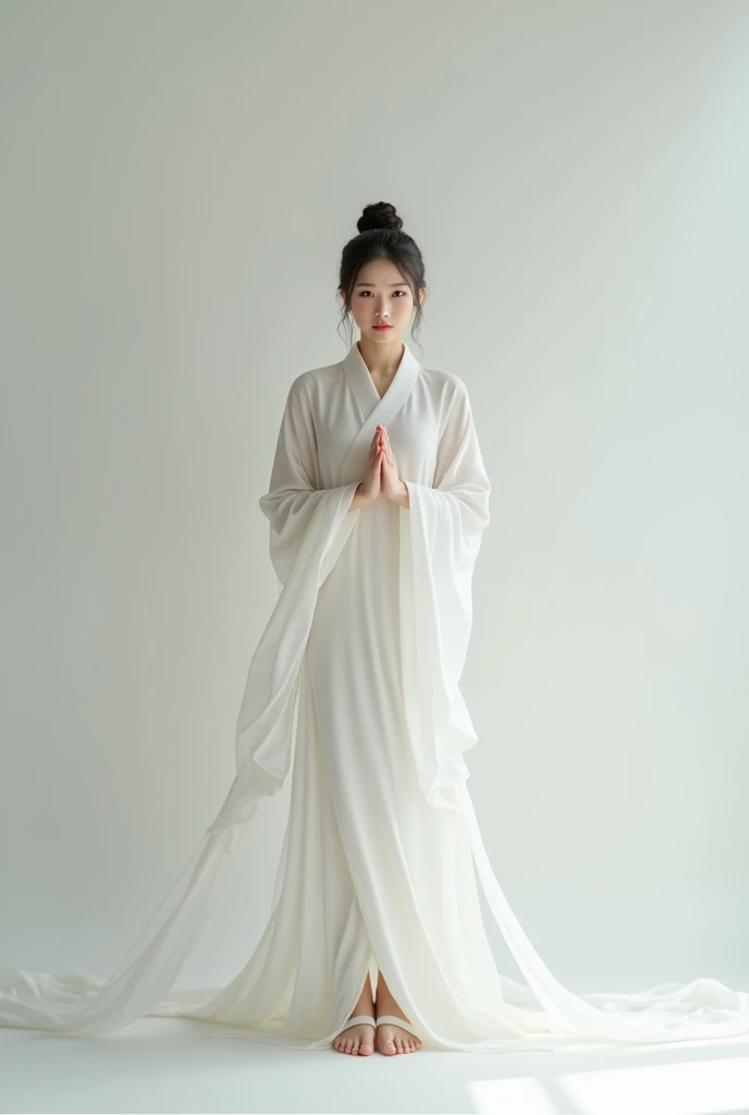a Asian woman with an seraphic visage face wearing white Soft Draped Gowns, full body image, standing straight, white sandals, looking at the camera