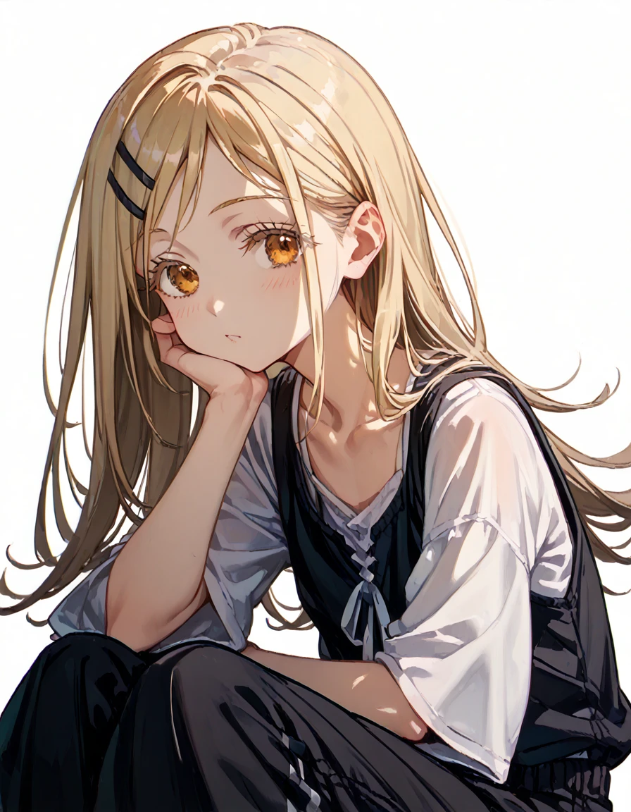 shinosawa hiro,slender,amber eyes,white eyelash,blonde hair,long hair,hairclip,white background,flat chest,black vest,black pants,baggy pants,head rest