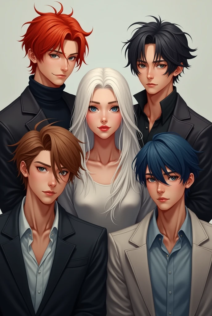 I need you to draw me four men and a woman in the middle. The men's hair is one red, one black, one brown and one dark blue and the woman's hair is white. The woman is in the middle, there would be five in total.