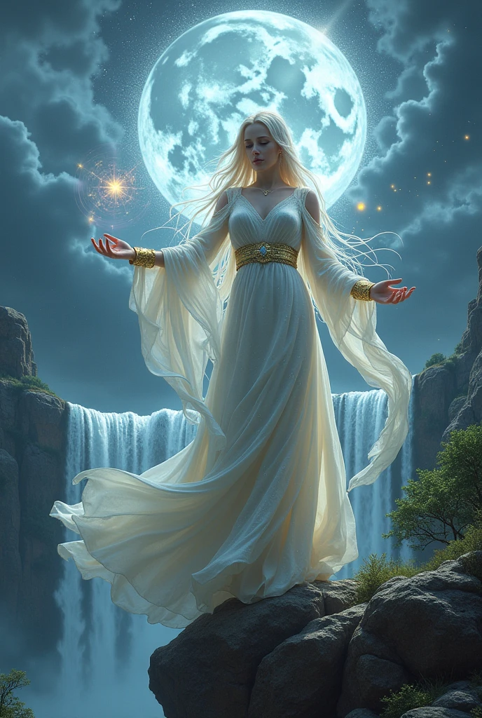 Imagine a powerful goddess standing on the edge of a mountain cliff, effortlessly controlling the forces of gravity around her. She exudes an aura of divine strength and grace, her long, flowing hair billowing upward in defiance of gravity, glowing softly with an ethereal light. Her eyes are a radiant silver, shimmering with otherworldly energy as she focuses her gaze on the space around her.
She is dressed in an elegant, flowing gown that seems to float around her, made of shimmering, celestial fabric that sparkles with stars and galaxies. The gown moves as if it has a life of its own, subtly shifting in the air as she manipulates gravity, giving her a celestial, weightless appearance. Her arms are adorned with golden cuffs, etched with ancient runes symbolizing her mastery over the forces of nature and the universe.
Around her, rocks, trees, and even large boulders are suspended in mid-air, orbiting around her like planets around a sun. Small particles of dust and light float in the air, caught in her gravitational pull, creating a mesmerizing dance of debris that glows softly under the moonlit sky. She stands at the center, her posture regal and commanding, her hands raised with fingers slightly curled as she manipulates the gravitational field.
The environment around her bends subtly to her will: the clouds above swirl in a slow spiral, and the water from a nearby waterfall curves upward before cascading back down. A soft, radiant aura surrounds her, glowing with a faint silver light that pulses in sync with her movements, reflecting her control over gravity.
Her expression is serene yet powerful, showing her mastery over her abilities and the calm confidence of a deity who understands the immense power she wields. She looks down upon the world with a blend of curiosity and wisdom, her divine presence bending reality itself.