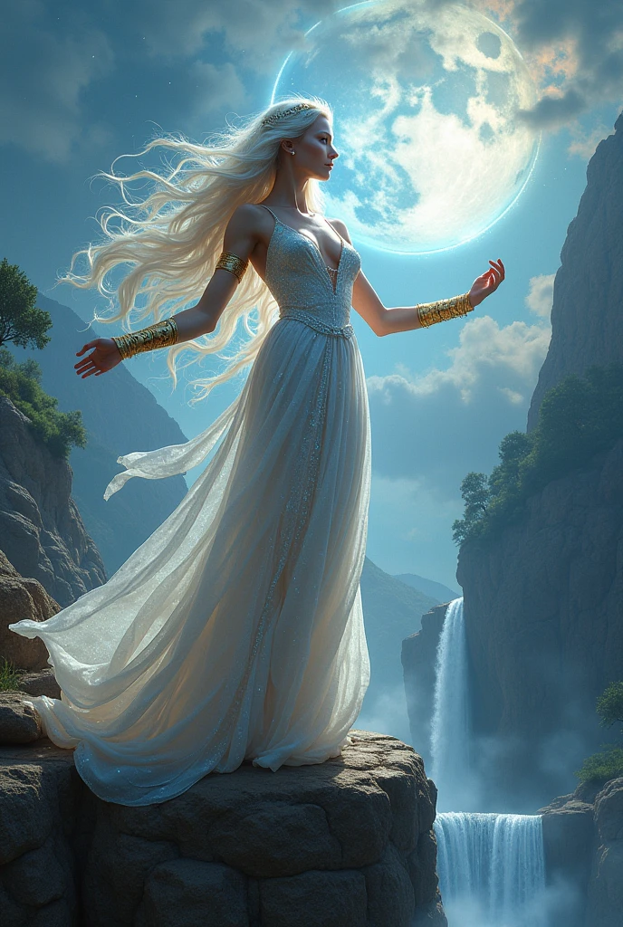 Imagine a powerful goddess standing on the edge of a mountain cliff, effortlessly controlling the forces of gravity around her. She exudes an aura of divine strength and grace, her long, flowing hair billowing upward in defiance of gravity, glowing softly with an ethereal light. Her eyes are a radiant silver, shimmering with otherworldly energy as she focuses her gaze on the space around her.
She is dressed in an elegant, flowing gown that seems to float around her, made of shimmering, celestial fabric that sparkles with stars and galaxies. The gown moves as if it has a life of its own, subtly shifting in the air as she manipulates gravity, giving her a celestial, weightless appearance. Her arms are adorned with golden cuffs, etched with ancient runes symbolizing her mastery over the forces of nature and the universe.
Around her, rocks, trees, and even large boulders are suspended in mid-air, orbiting around her like planets around a sun. Small particles of dust and light float in the air, caught in her gravitational pull, creating a mesmerizing dance of debris that glows softly under the moonlit sky. She stands at the center, her posture regal and commanding, her hands raised with fingers slightly curled as she manipulates the gravitational field.
The environment around her bends subtly to her will: the clouds above swirl in a slow spiral, and the water from a nearby waterfall curves upward before cascading back down. A soft, radiant aura surrounds her, glowing with a faint silver light that pulses in sync with her movements, reflecting her control over gravity.
Her expression is serene yet powerful, showing her mastery over her abilities and the calm confidence of a deity who understands the immense power she wields. She looks down upon the world with a blend of curiosity and wisdom, her divine presence bending reality itself.