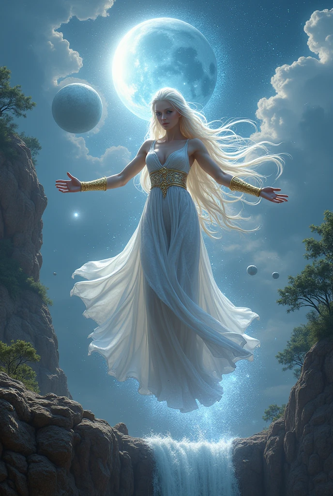 Imagine a powerful goddess standing on the edge of a mountain cliff, effortlessly controlling the forces of gravity around her. She exudes an aura of divine strength and grace, her long, flowing hair billowing upward in defiance of gravity, glowing softly with an ethereal light. Her eyes are a radiant silver, shimmering with otherworldly energy as she focuses her gaze on the space around her.

She is dressed in an elegant, flowing gown that seems to float around her, made of shimmering, celestial fabric that sparkles with stars and galaxies. The gown moves as if it has a life of its own, subtly shifting in the air as she manipulates gravity, giving her a celestial, weightless appearance. Her arms are adorned with golden cuffs, etched with ancient runes symbolizing her mastery over the forces of nature and the universe.

Around her, rocks, trees, and even large boulders are suspended in mid-air, orbiting around her like planets around a sun. Small particles of dust and light float in the air, caught in her gravitational pull, creating a mesmerizing dance of debris that glows softly under the moonlit sky. She stands at the center, her posture regal and commanding, her hands raised with fingers slightly curled as she manipulates the gravitational field.

The environment around her bends subtly to her will: the clouds above swirl in a slow spiral, and the water from a nearby waterfall curves upward before cascading back down. A soft, radiant aura surrounds her, glowing with a faint silver light that pulses in sync with her movements, reflecting her control over gravity.

Her expression is serene yet powerful, showing her mastery over her abilities and the calm confidence of a deity who understands the immense power she wields. She looks down upon the world with a blend of curiosity and wisdom, her divine presence bending reality itself.