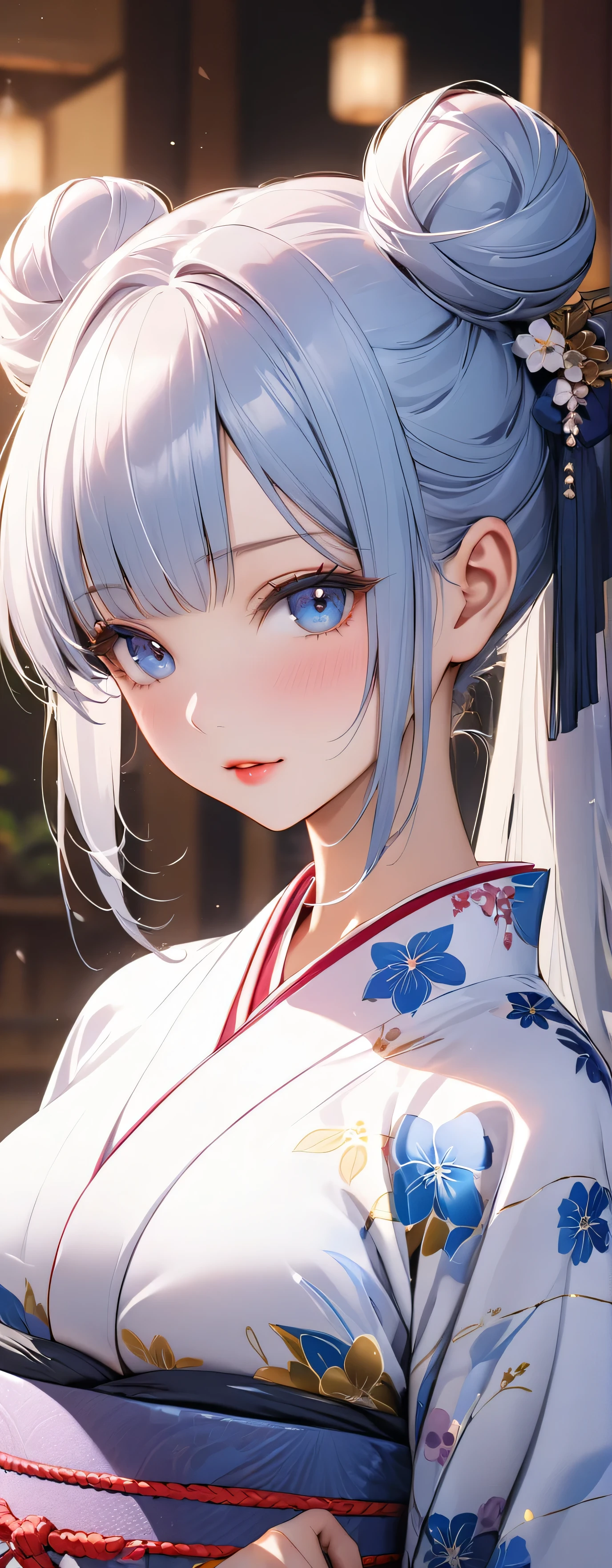 (beautiful girl: 1.3),1girl,masterpiece, Highest quality, Ultra-high resolution,rich contrast,super high quality,8k,Highly detailed CG unit wallpaper,texture,Unbelievably absurd,Ultra-high resolution,RAW Photos,Depth of Field 1.2,double buns,bionde,Light blue eyes,(Beautiful and detailed kimono),blush,White skin,bionde,Long Hair,Beautiful glossy lips,(pinup),Her kimono is open at the chest, exposing her breasts.,(Large Breasts)
