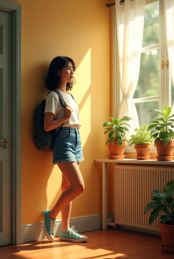 (photorealism:1.2), Latina girl, leaning on the wall of her room, wearing white blouse and denim skirt, light blue retro tennis shoes, Carrying dark backpack, indoors, light light, small table with plants on one side, window with sunlight, cozy room, relaxed pose, realist, intricate details, warm colors, by Alphonse Mucha.