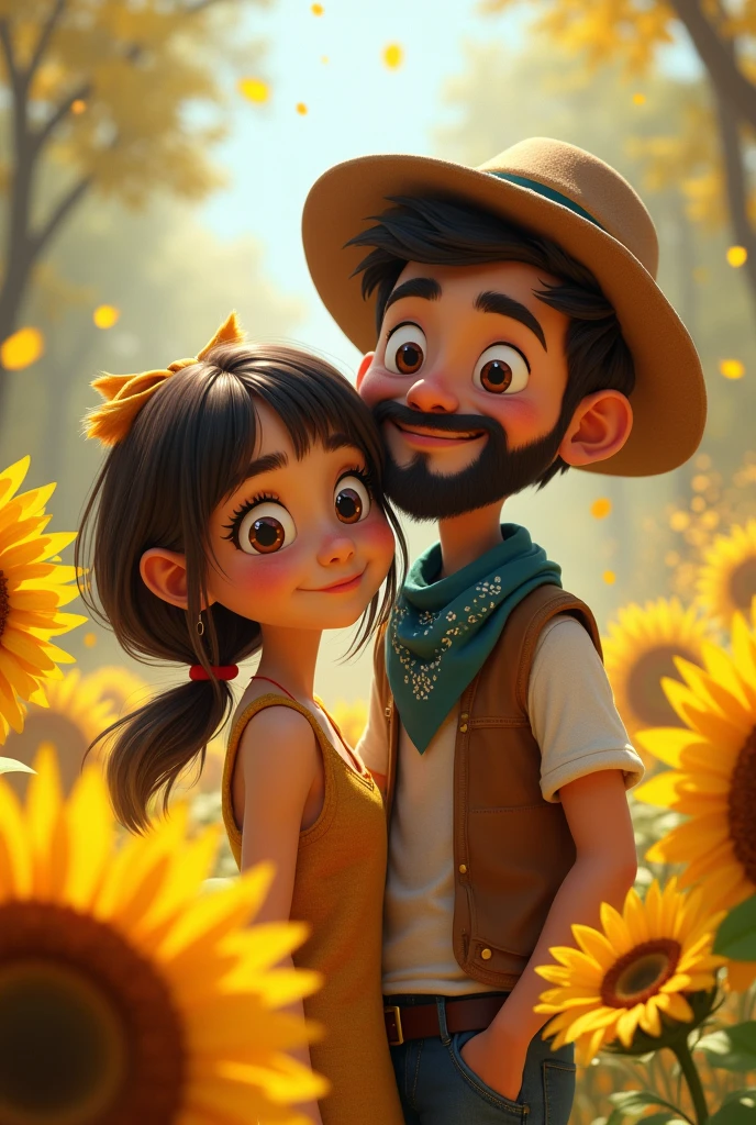 Believe me couple girl light brown skin bangs boy hair white skin black beard short hair with little beard bandana put on the whole head Disney pixal sunflowers background 