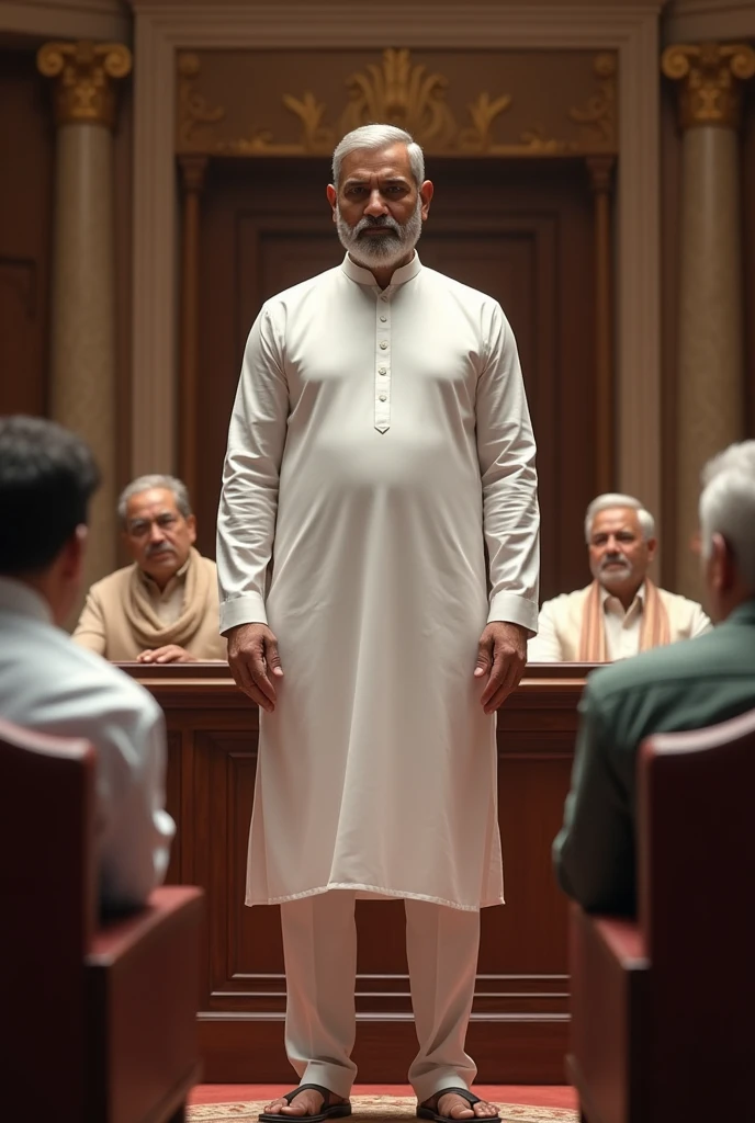 standing position cirminal political leader who white kurta in parlement and opposition leaders sitting in parlement blaming bad accuse this political leader in photo