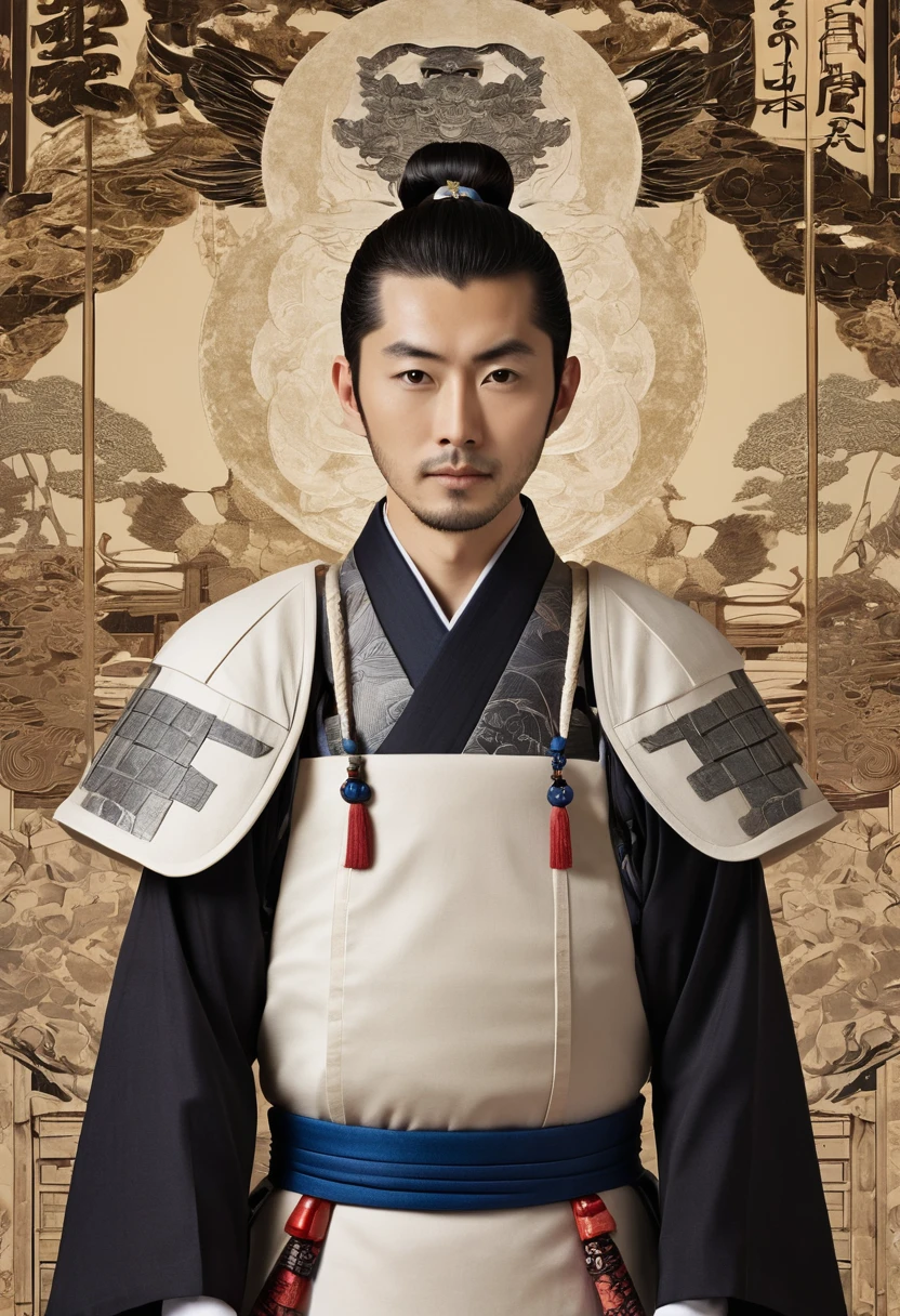 Portrait of Akechi Mitsuhide framed by various symbolic elements of his life, like a temple, samurai armor, and a parchment, inviting viewers to reflect on their legacy.