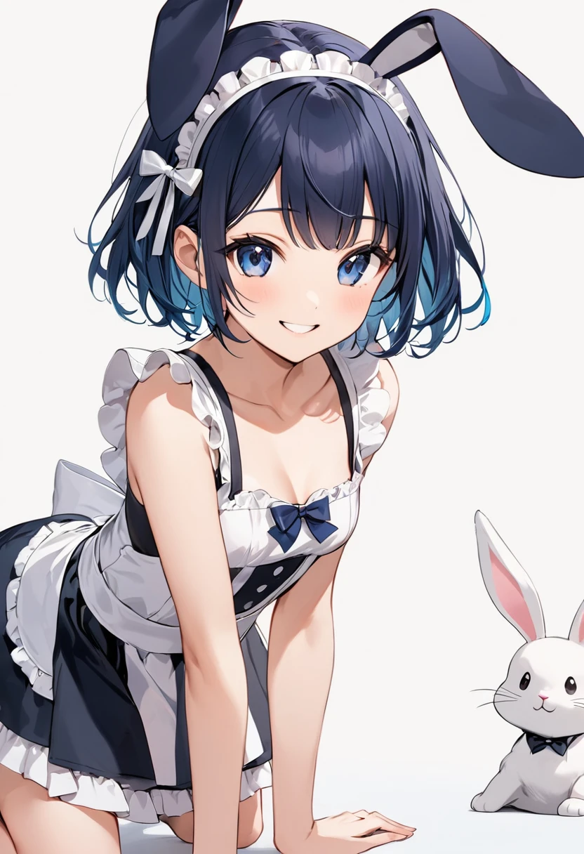 (Beautiful shinjuku cafe) ((tween girl)),(keeps her head low, crawls on all fours and sticks out her butt) Emphasizing her rabbit-tail, open and sexy expression, emphasizing the cleavage, (wearing maid costume and bunny hairband), many sexy poses, (simple background,blank space), BREAK (girl,tween,detailed face,(darkblue hair,wavy-short hair),eyebrows,small breasts),smile,joy,
