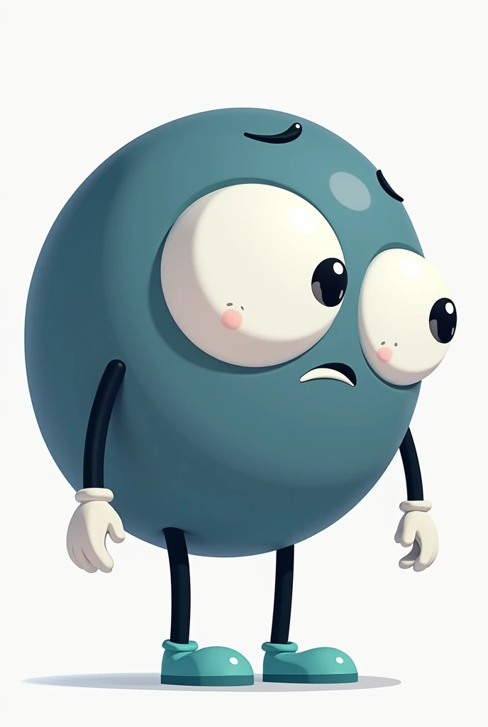 "Create a character, in cartoon style, with the following characteristics: a predominantly dark blue circular body. The character has a white face centered in the circle, with big, round, expressive eyes that convey sadness and a to help others not commit suicide. The character has a neutral expression. He has thin black arms with white gloves and black legs wearing light turquoise shoes.. The character must be in a help position, with hands outstretched as if to reach out to someone as a sign of help and support. The general climate should be neutral and supportive., as if the character was ready to help in any situation."