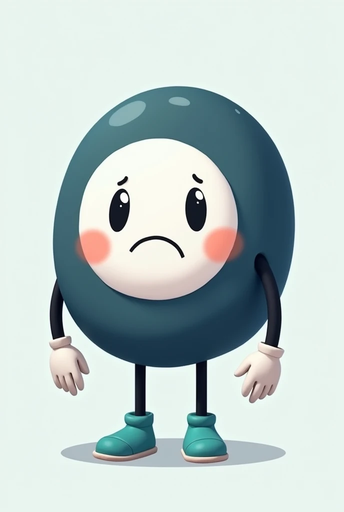 "Create a character, in cartoon style, with the following characteristics: a predominantly dark blue circular body. The character has a white face centered in the circle, with big, round, expressive eyes that convey sadness and a desire to help others not commit suicide. The character has a neutral expression. He has thin black arms with white gloves and black legs wearing light turquoise shoes.. The character must be in a help position, with hands outstretched as if to reach out to someone as a sign of help and support. The general climate should be neutral and supportive., as if the character was ready to help in any situation."