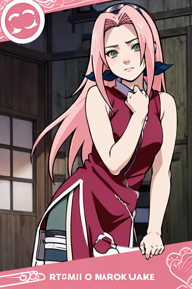 work of art, best qualityer, 1 girl,haruno sakura, pink  hair, long hair, greeneyes, manga curta, lifting up her clothes to show her shorts underneath, blushed face, front scene, whole body
